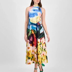 Anne Klein Women's Rope-Belt Watercolor-Print Dress Azurine Multi Size XL